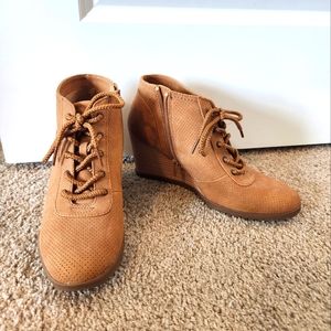 Tan suede lace up wedge heel booties